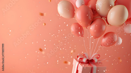 3D rendering cartoon gift box with balloons flying out of it on a coral background. An apricot and terracotta color palette is used. Minimal concept design. Happy birthday party banner template