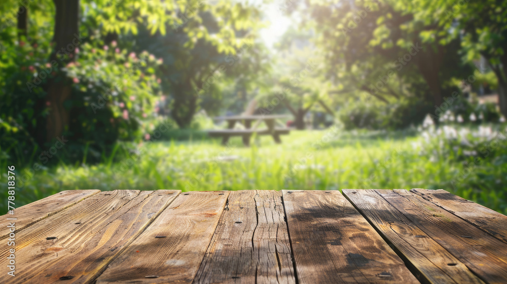 Empty Wooden Table with Garden Background Empty Wooden Table with Garden Background