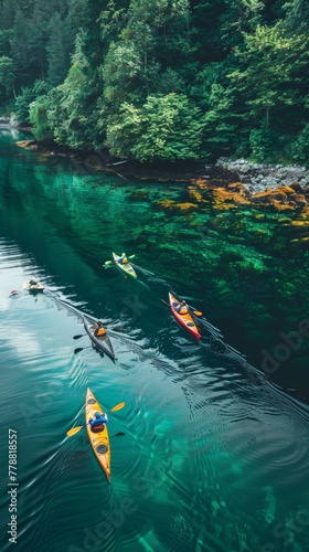 A group of friends setting off on a kayaking adventure, their paddles dipping into calm water reflecting the lush green shoreline