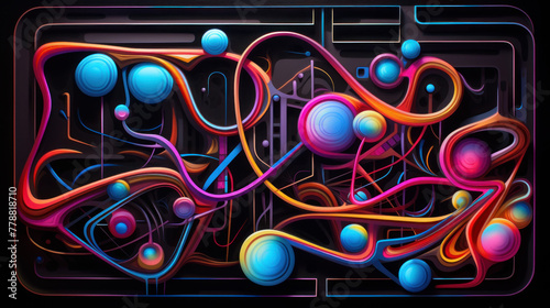 Bright neon lights drawing bold and detailed lines on a black background