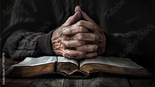 The elderly person's hand resting on the Bible, depicting prayer.