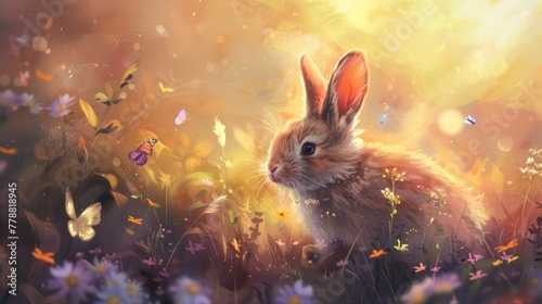 A young rabbit amid a sunlit meadow with fluttering butterflies, portraying tranquility and nature's innocence, ideal for storybook illustrations.