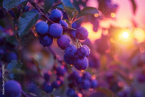 Close-up of purple plums on a tree at sunset
