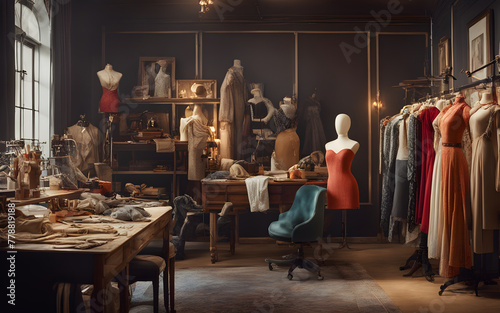 Interior of fashion designer studio room with various sewing items, fabrics and mannequins standing