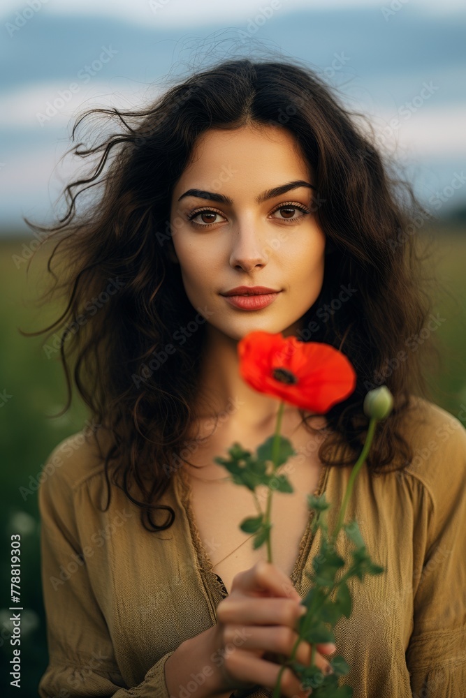 Naklejka premium Portrait of a woman in a poppy field. Vertical photo. Generative AI.