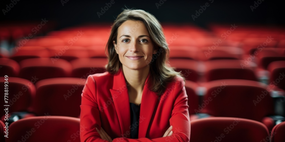 A young businesswoman sits in an empty hall on red chairs. Speaker of an empty hall. Generative AI. A young businesswoman sits in an empty hall on red chairs. Speaker of an empty hall. Generative AI.