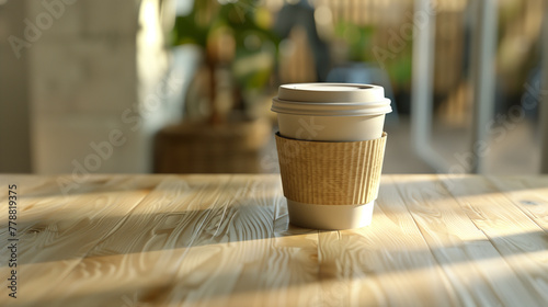 recyclable cup of coffee on the table, eco friendly cup of coffee on wooden table photo