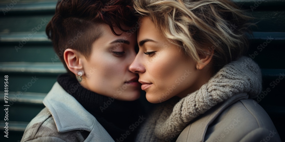 Young lesbian couple touches foreheads to each other closeup. Generative AI. - obrazy, fototapety, plakaty 