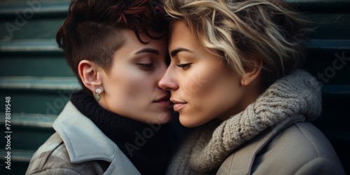 Young lesbian couple touches foreheads to each other closeup. Generative AI. photo