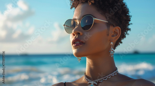 african american beautiful model in the style of Visionary Environment, sunglasses on, short pixie haircut, crystal beach jewelry photo