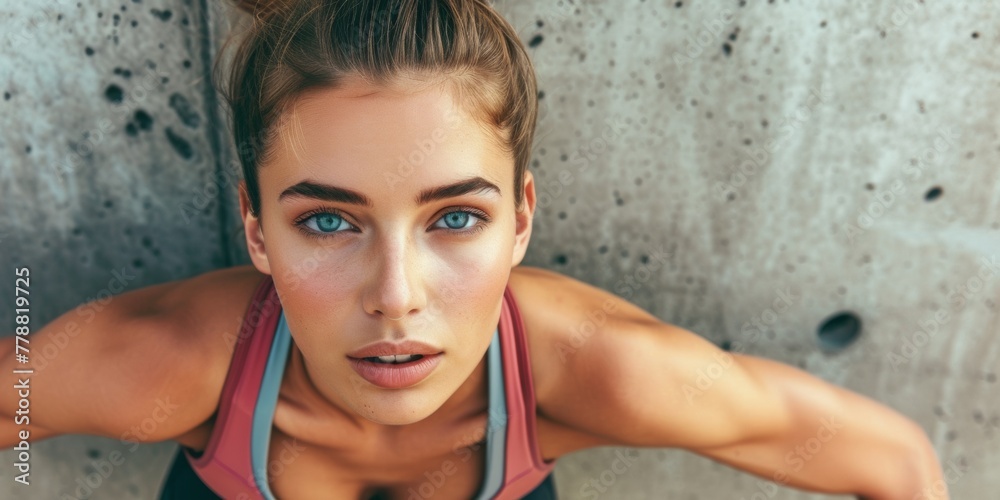 An athletic athletic girl stands against a concrete wall. Generative AI. An athletic athletic girl stands against a concrete wall. Generative AI.