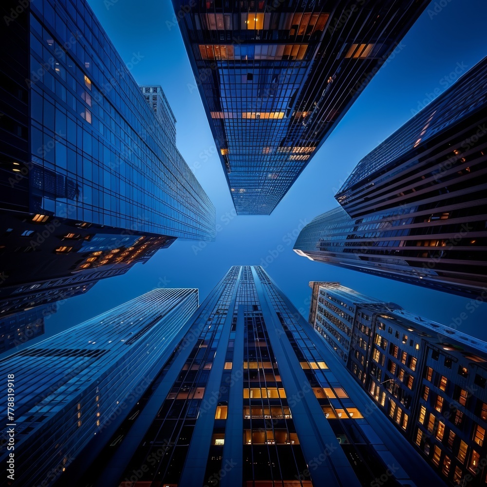 A mesmerizing upward view of towering skyscrapers converging into the sky, showcasing a play of light and geometry against a deep blue backdrop.