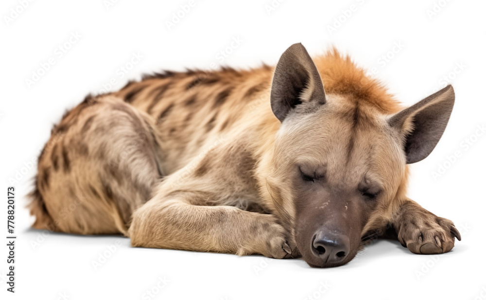 Fototapeta premium Sleeping hyena resting on the ground, isolated background