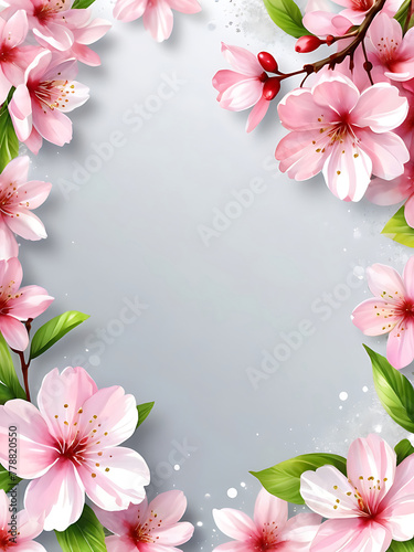 Spring greeting fresh blooming flower, leaves watercolor cherry blossom, holiday season wedding celebration design. floral frame, spring background banner. ai 