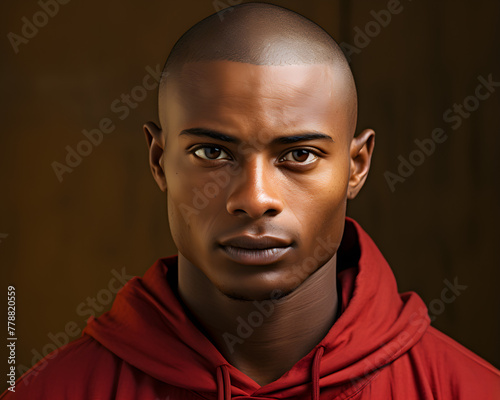 African Man with Shaved Head in Vibrant Red Dress Against a Simple Background.