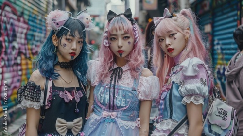 A group of Korean girls showcasing an eclectic mix of pastel goth and kawaii fashion, standing confidently on a vibrant, graffiti-filled street