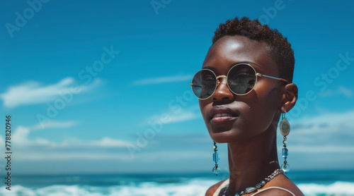 african american beautiful model in the style of Visionary Environment, sunglasses on, short pixie haircut, crystal beach jewelry