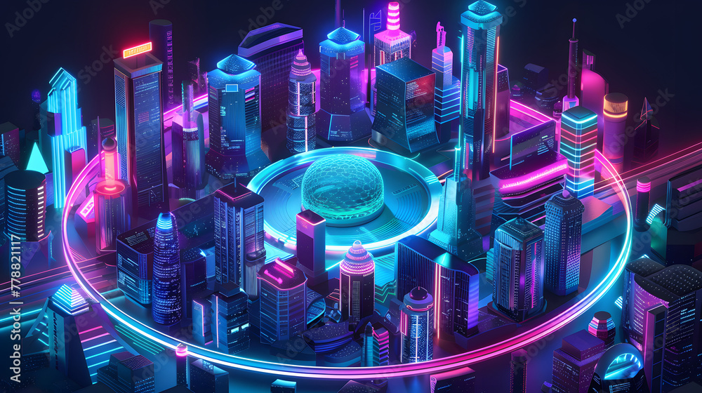 A dynamic and futuristic digital illustration of an isometric cityscape