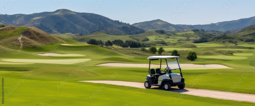 Traverse the rolling hills and pristine greens of a beautiful golf course in a golf cart, reveling in the tranquility of the surroundings..