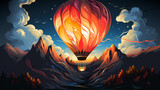 A whimsical logo icon of a flying hot air balloon.