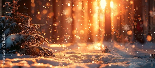 Golden Sunset Bokeh Light Illuminates Snowy Forest with Twinkling Diamonds in the Air