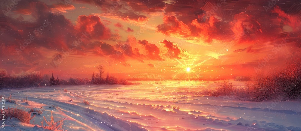 Breathtaking Bokeh Sunset Painting Snowy Landscape in Radiant Gold and Red Hues