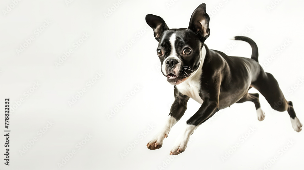 Boston terrier dog, jumping, playing