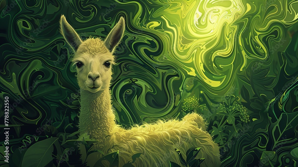 Fototapeta premium A glowing baby llama stands in a dreamy tropical jungle, its coat blending with avocado greens, exuding innocence and wonder in a serene setting.