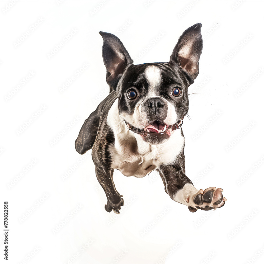 Boston terrier dog, jumping, playing