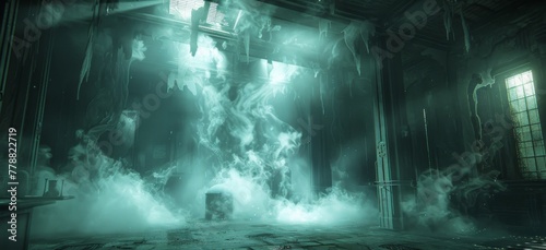 A mysterious factory filled with cloning pods engulfed in smoke, angels floating around a hidden box containing untold truths. Eerie and intriguing. photo