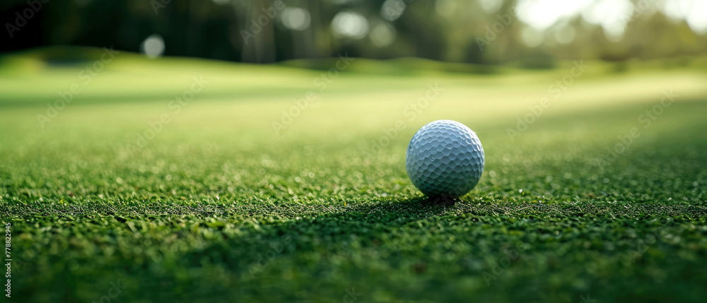 Close up professional golf ball on green grass field. Sunlight on the meadow. Golf competition club. Outdor lesure.Sport lifestyle background. Copy space. Generative ai Close up professional golf ball on green grass field. Sunlight on the meadow. Golf competition club. Outdor lesure.Sport lifestyle background. Copy space. Generative ai