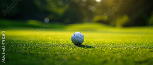 Close up  professional golf ball on green grass field. Sunlight on the meadow. Golf competition club. Outdor lesure.Sport lifestyle background. Copy space. Generative ai