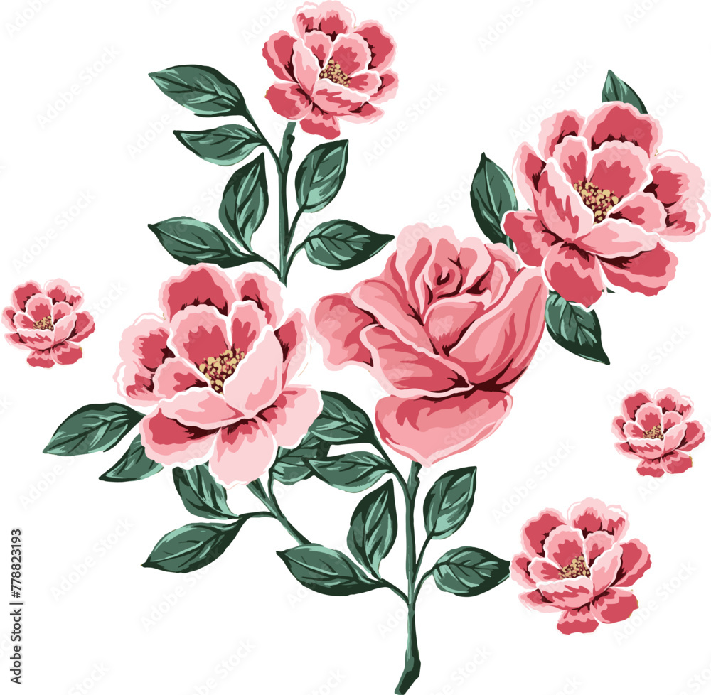 Blush pink roses branch with flowers and leaves. Summer garden rose. Hand drawn watercolor illustration. Isolated on white background Blush pink roses branch with flowers and leaves. Summer garden rose. Hand drawn watercolor illustration. Isolated on white background