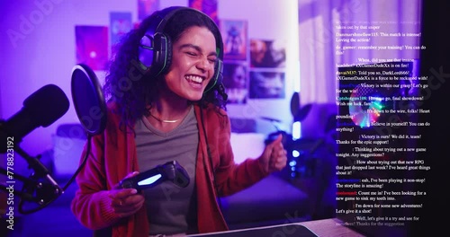 Live streaming, gamer and girl with comments win for online competition, subscription or gaming chat. Influencer, content creator and excited person with fan feedback for podcast, vlog or video game photo