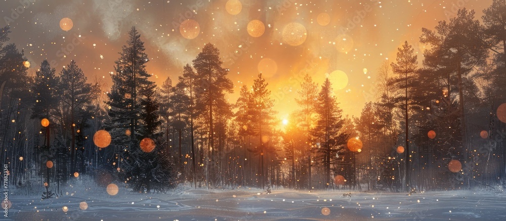 Tranquil Sunset Bokeh Painting SnowCovered Forest with Radiant Orange and Gold Hues