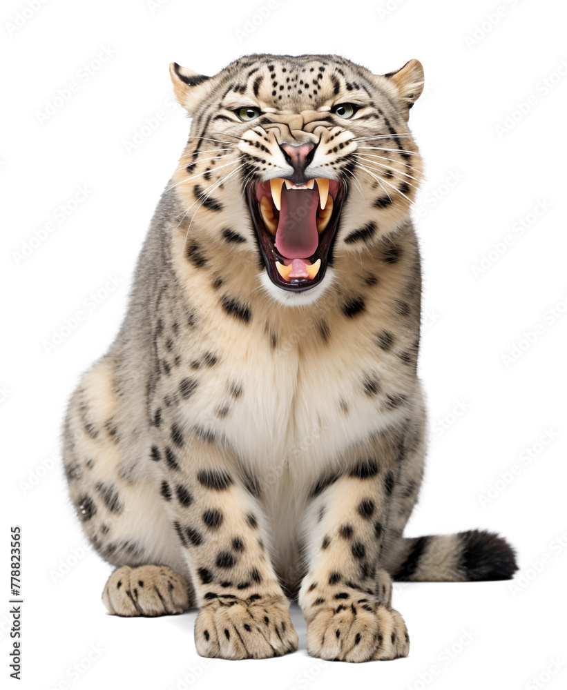 Aggressive Snow leopard with open mouth and visible fangs on isolated white background Aggressive Snow leopard with open mouth and visible fangs on isolated white background