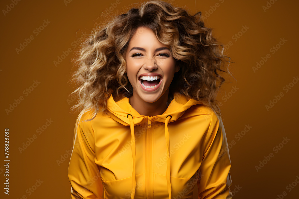 Confident 30-Year-Old Woman: Promotional Pose, Vibrant Yellow Backdrop. Confident 30-Year-Old Woman: Promotional Pose, Vibrant Yellow Backdrop.