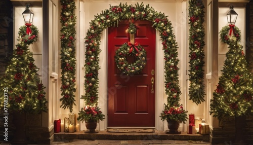 A festive Christmas doorway  beautifully adorned with wreaths  garlands  and candles  welcoming the holiday spirit.