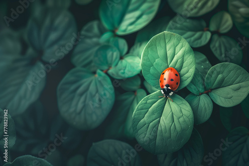 A vibrant red ladybug perches on a green leaf, contrasting with the dark, lush foliage © Wei Ze