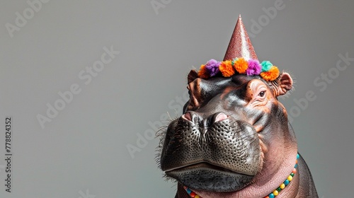 A cheerful hippopotamus celebrates in a party hat and a colorful necklace against a gray backdrop.