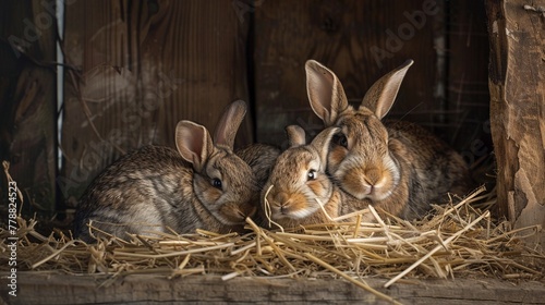 A heartwarming family of rabbits nestled in a straw-filled corner of a rustic barn.
