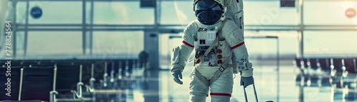 A modern astronaut in full gear with a suitcase walking confidently through an airport terminal.