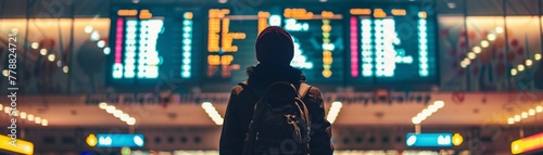 A traveler stands in an airport gazing at the flight information display board