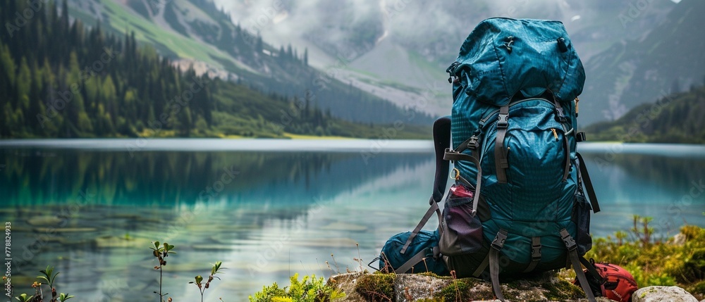 Obraz premium Large hiking backpack with gear ready beside a tranquil mountain lake.