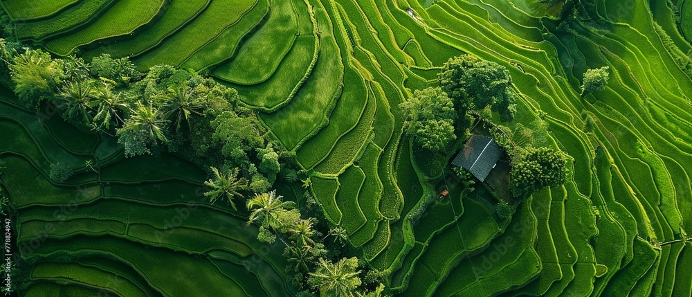 Lush green rice terraces with a small hut from an aerial perspective - obrazy, fototapety, plakaty 