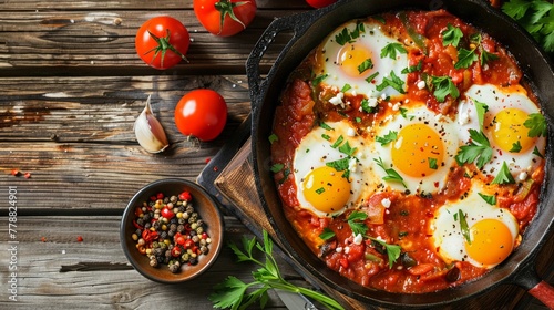 Delicious shakshuka with poached eggs in a cast iron pan