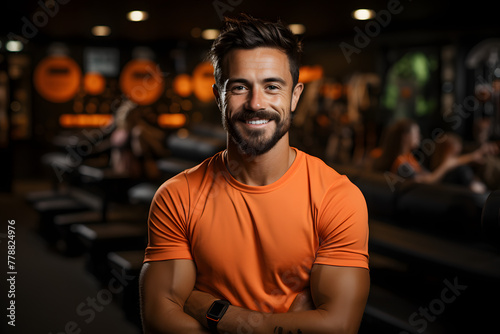 Fitness Trainer Confident Pointing  Blank Space  Vibrant Gym Backdrop.