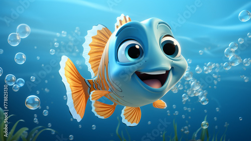 An adorable cartoon logo of a happy fish blowing bubbles.