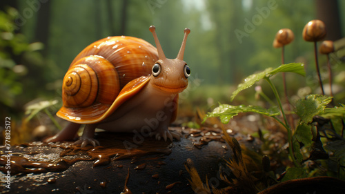 An adorable cartoon logo of a happy snail sliding on a leaf.