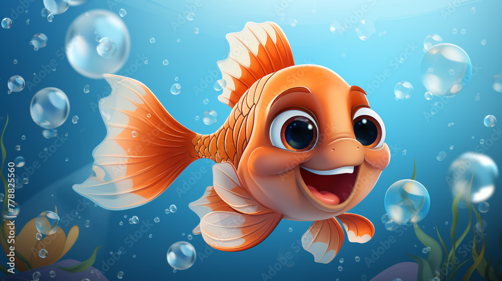 An adorable cartoon logo of a happy fish blowing bubbles.